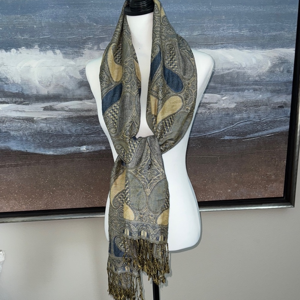 Elegant Blue and Gold Patterned Shawl